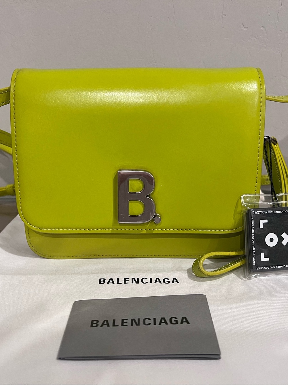 Balenciaga Neon Lime Leather Crossbody with Silver 'B' Logo